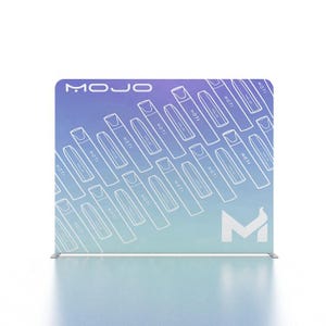 May include: A white backdrop with a blue and purple gradient. The backdrop has a white logo that says "MOJO" and a white stylized "M" in the bottom right corner. The backdrop is covered in a pattern of white outlines of a vaping device with the word "MOTI" printed on each device.