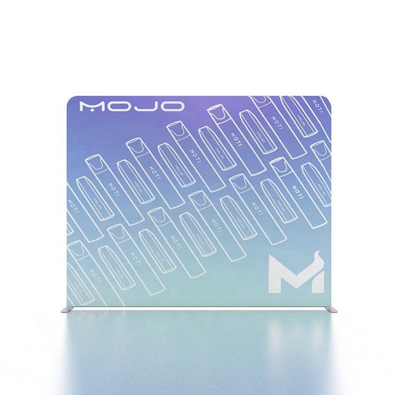 May include: A white backdrop with a blue and purple gradient. The backdrop has a white logo that says "MOJO" and a white stylized "M" in the bottom right corner. The backdrop is covered in a pattern of white outlines of a vaping device with the word "MOTI" printed on each device.
