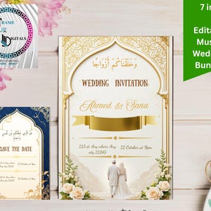 Bearbeitbare muslimische Hochzeitseinladungsvorlage, Nikkah Valima Canva Bundle, Islamische Heiratskarte, Speichern Sie das Datum, Dua, Menü, Boho Elegant.