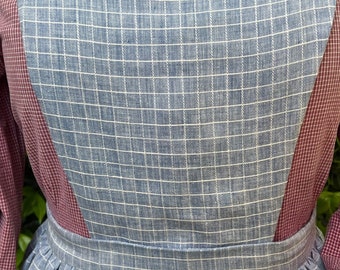 Handmade blue with white windowpane linen pinner apron, pockets