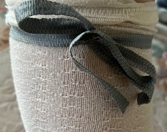 Hand woven garters, light blue and golden tan