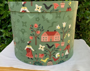 Large tall wallpaper covered hat box, mid 19th century style