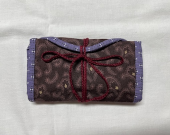 Brown and lavender print cotton housewife, sewing case