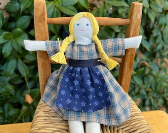 Hand made small rag doll -  Mary in blue plaid dress with flowered apron