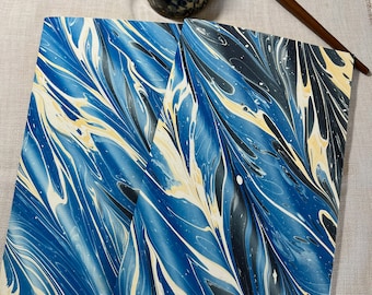 Blue, yellow and white hand marbled paper hand sewn notebook