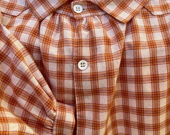 Handmade cotton shirt, orange plaid, size X-Large