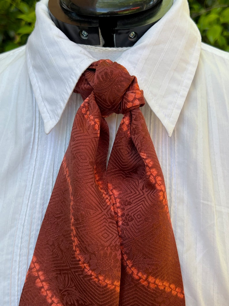 Deep rust brown with orange Shibori lines silk cravat, 19th century style image 2