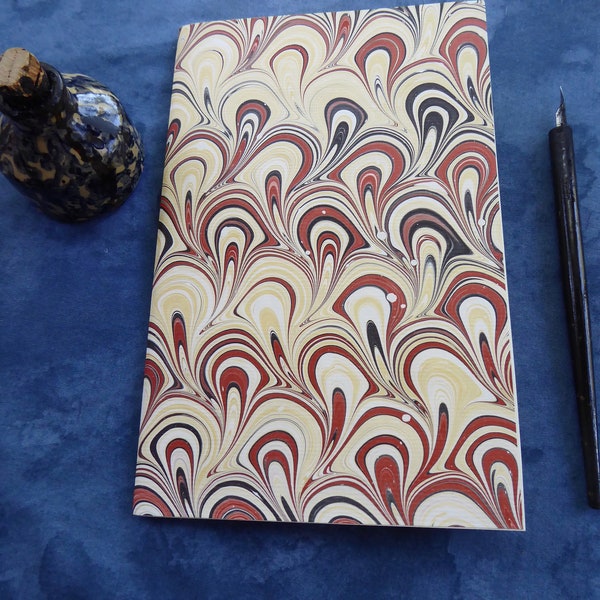 Red, yellow and black loops hand marbled paper hand sewn notebook