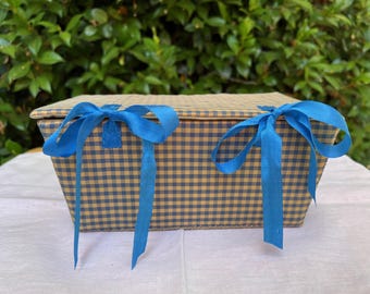 Blue and gold plaid silk covered sewing box with matching accessories, hand sewn