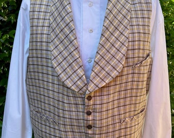 Men's 19th century summer weight linen vest, brown, tan and yellow plaid linen, chest 48", 1845-1860s style