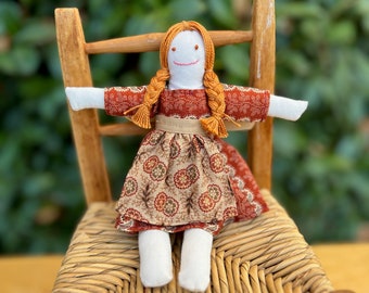 Small rag doll -  Eliza in rust print dress with flowered apron