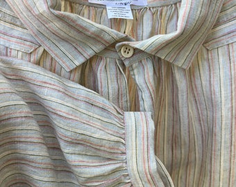 Handmade linen shirt, natural linen color with green, blue and pinkish stripes, size 2X-Large