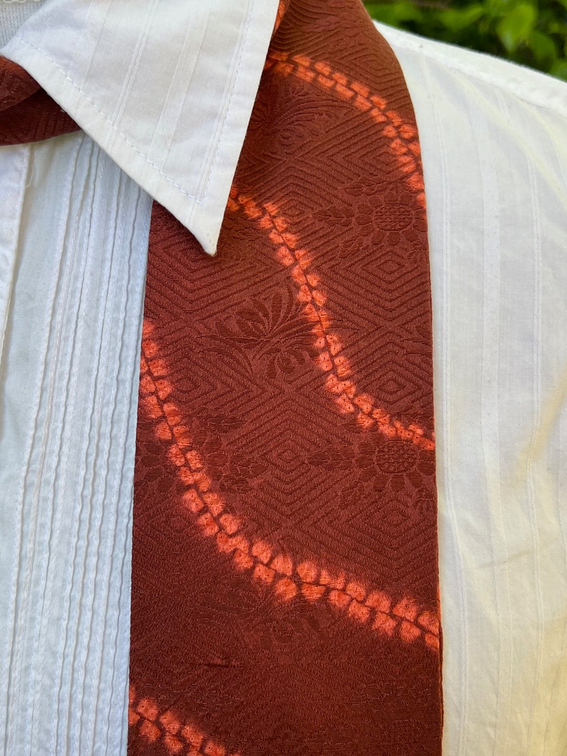Deep rust brown with orange Shibori lines silk cravat, 19th century style image 4