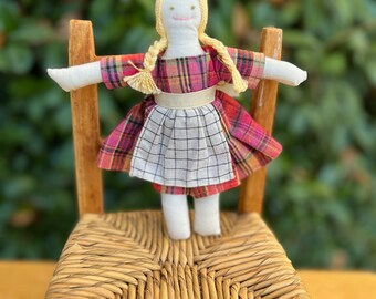 Small rag doll -  Annabelle in pink and orange plaid dress with checked apron