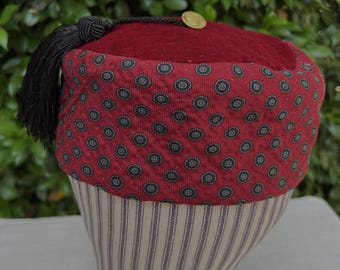 Red velvet and red and gray silk lounging cap, leisure cap, Size XLarge, late 1840s-1880s