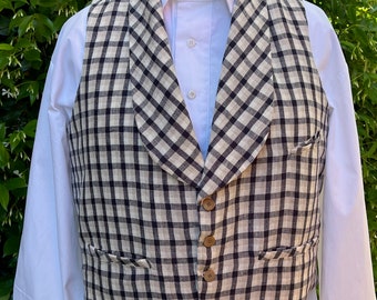 Men's 19th century summer weight linen vest, blue and tan plaid linen, chest 44", 1845-1860s style