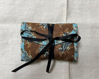 Brown and blue print cotton housewife,  pin keep/needlebook and scissors sewing tool case