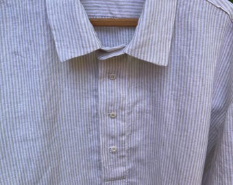 Handmade white and tan striped linen shirt, size Large