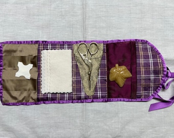 Gray leather, lavender silk housewife, sewing case