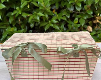 Cream, pink and green plaid silk covered sewing box with matching accessories, hand sewn