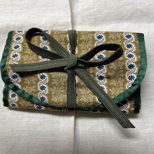 Olive green, blue and green print cotton housewife, sewing case