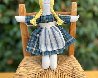 Hand made small rag doll -  Alice in blue plaid dress with striped apron