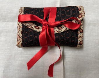 Black and red print cotton housewife,  pin keep/needlebook and scissors sewing tool case
