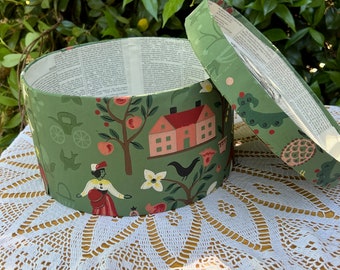 Green vintage wallpaper covered band box