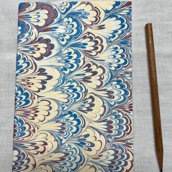 Blue, red and yellow hand marbled paper hand sewn notebook