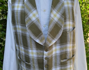 Men's 19th century summer weight linen vest, olive green, white and yellow plaid linen, chest 50", 1845-1860s style