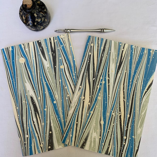 Blue, black and white hand marbled paper hand sewn notebook