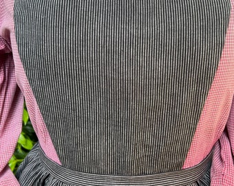 Handmade black and gray pin stripe cotton apron, cotton pinner apron, pockets