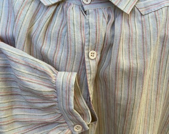 Handmade linen shirt, natural linen color with green, blue and pinkish stripes, size 2X-Large