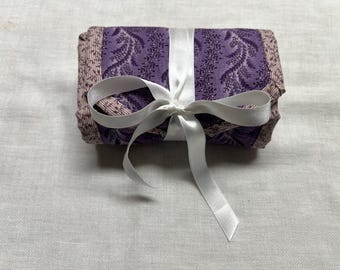Purple and lavender prints cotton sewing box, housewife, hand sewn