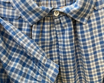 Handmade cotton shirt, blue plaid with cream and black, size X-Large