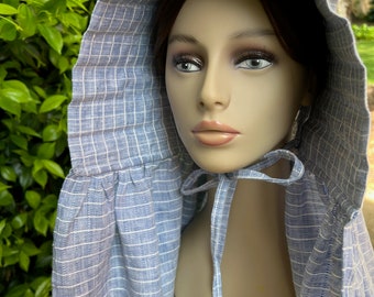 Bonnet - 19th century slat bonnet in blue and white windowpane linen