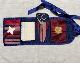 Gray leather, blue and deep red silk housewife, sewing case