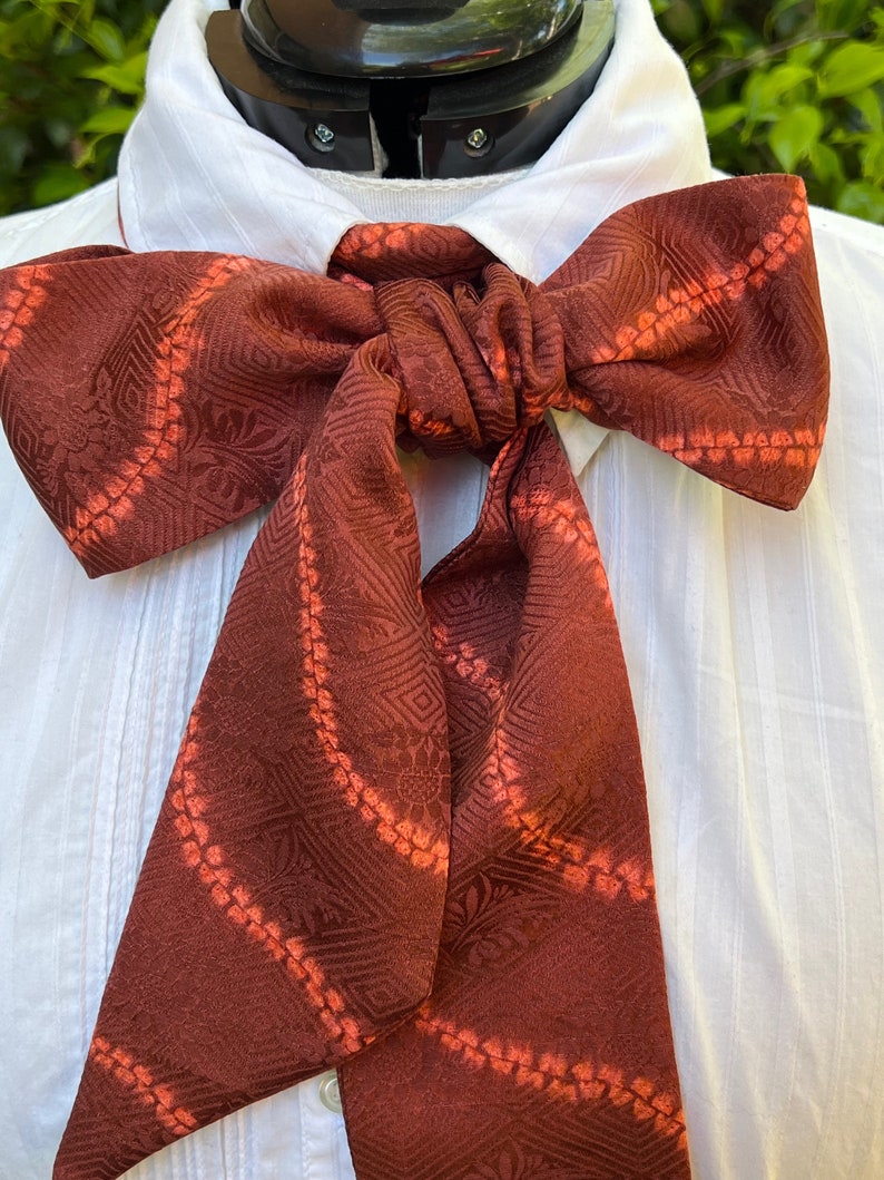Deep rust brown with orange Shibori lines silk cravat, 19th century style image 1