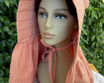 Bonnet - 19th century slat bonnet style in peach pink and white cotton