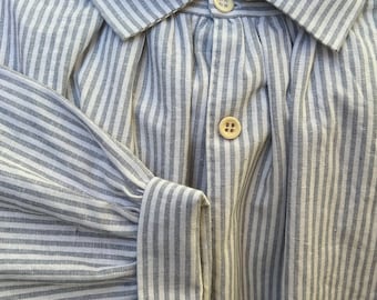 Handmade linen shirt, blue and white stripes, size Large