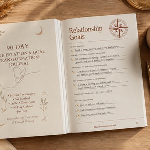 May include: An open 90 Day Manifestation & Goal Transformation Journal with cream pages. The left page features a butterfly line drawing and text, while the right page shows a Relationship Goals template with handwritten entries and a compass icon.