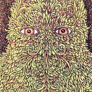 Puede incluir: Ilustraci&oacute;n art&iacute;stica de una criatura con detalles amarillos y rojos. La criatura tiene ojos grandes y expresivos y una apariencia texturizada y frondosa. El fondo es un patr&oacute;n oscuro y moteado, que realza los colores vibrantes de la figura central.