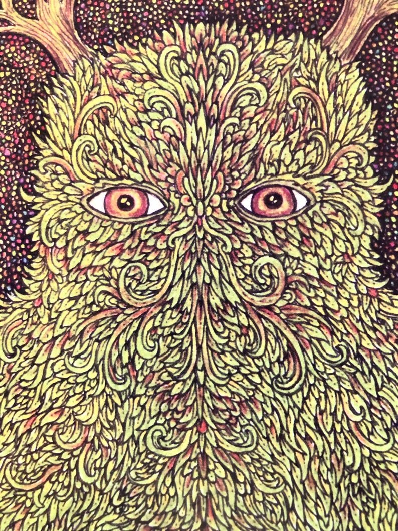 Puede incluir: Ilustraci&oacute;n art&iacute;stica de una criatura con detalles amarillos y rojos. La criatura tiene ojos grandes y expresivos y una apariencia texturizada y frondosa. El fondo es un patr&oacute;n oscuro y moteado, que realza los colores vibrantes de la figura central.
