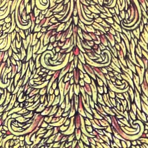 Puede incluir: Primer plano de un patr&oacute;n abstracto detallado en tonos amarillos, rojos y marrones. El dise&ntilde;o presenta una compleja disposici&oacute;n de formas arremolinadas en forma de hojas, creando una apariencia texturizada y org&aacute;nica. La obra de arte tiene una est&eacute;tica vintage, dibujada a mano.