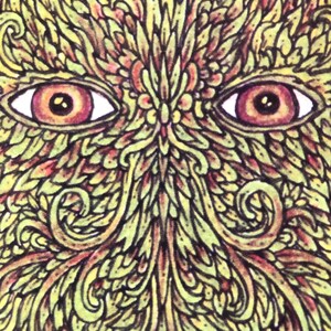 Puede incluir: Ilustraci&oacute;n detallada con dos ojos con iris de color marr&oacute;n rojizo y escler&oacute;tica blanca. Los ojos est&aacute;n rodeados por un patr&oacute;n sim&eacute;trico de formas org&aacute;nicas amarillas, verdes y rojas, creando un dise&ntilde;o similar a una cara.