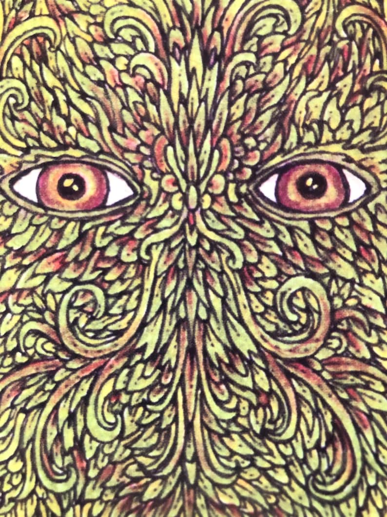 Puede incluir: Ilustraci&oacute;n detallada con dos ojos con iris de color marr&oacute;n rojizo y escler&oacute;tica blanca. Los ojos est&aacute;n rodeados por un patr&oacute;n sim&eacute;trico de formas org&aacute;nicas amarillas, verdes y rojas, creando un dise&ntilde;o similar a una cara.