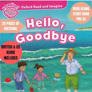 以下が含まれることがあります： 「こんにちは、さようなら」というタイトルの子供向けの絵本。カラフルな表紙には、ビーチのシーンが描かれており、子供2人と大人1人がいます。この本は「オックスフォード・リード・アンド・イマジネ」シリーズの一部であり、音声も含まれています。