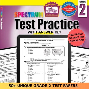 May include: A colorful image of a computer screen displaying a sample page from a Spectrum Test Practice workbook for second grade. The workbook includes 162 pages of practice tests with an answer key. The page shown is a reading comprehension test with a sample question about word sounds. The text on the screen reads "Spectrum Test Practice with Answer Key" and "162 Pages! Instant PDF Download".