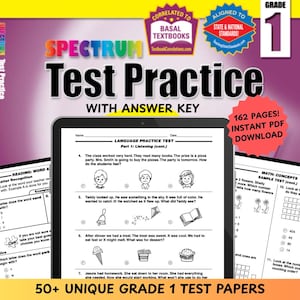 Puede incluir: Una cubierta colorida para un libro de trabajo titulado "Spectrum Test Practice with Answer Key". La cubierta presenta una tableta que muestra un ejemplo de pregunta de prueba con respuestas de opción múltiple. La cubierta también incluye el texto "¡162 páginas! Descarga instantánea de PDF" y "Más de 50 pruebas únicas de 1er grado".