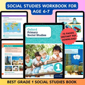 Puede incluir: Una cubierta colorida para un libro de trabajo de estudios sociales para primer grado. La cubierta presenta a un grupo de niños sonriendo y apoyándose en una valla de madera. El título "Oxford Primary Social Studies" se muestra en un cuadro azul con borde blanco. El número "1" está en un círculo grande en la cubierta. El texto "¡73 páginas! Descarga instantánea de PDF" está en un cuadro rojo con borde blanco.